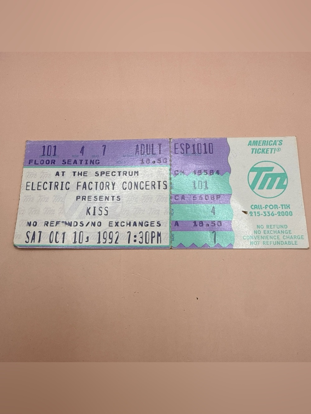 KISS Concert Ticket Stub At the Spectrum Floor Seating Row 4 Saturday 10/10 1992